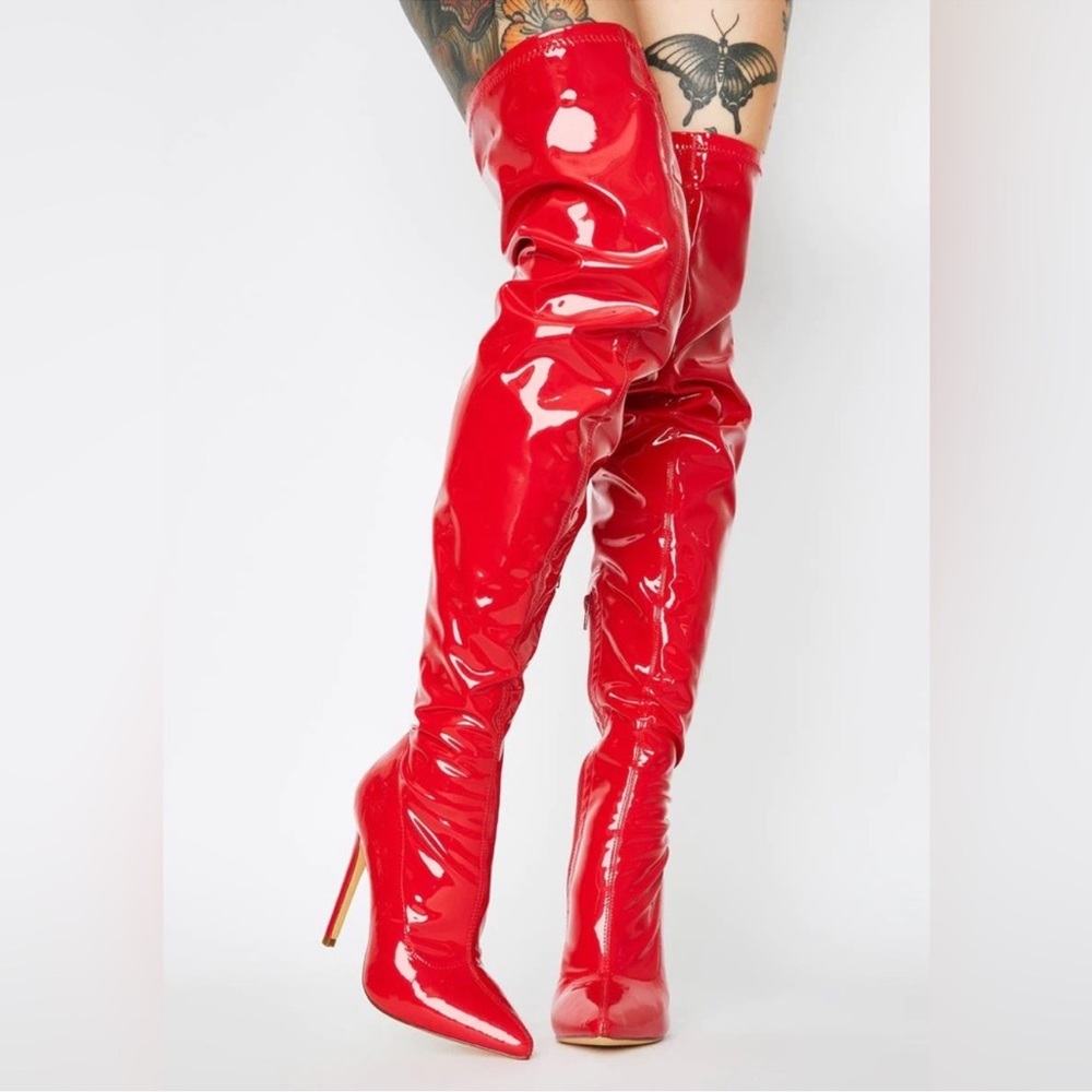 PVC Red Over-the-Knee heeled Boots